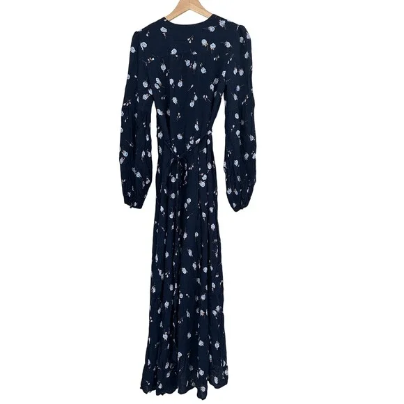 Christy Dawn Bergen Dress Midnight Rose Navy Blue Floral Wrap Midi Long Sleeve L - Picture 6 of 7